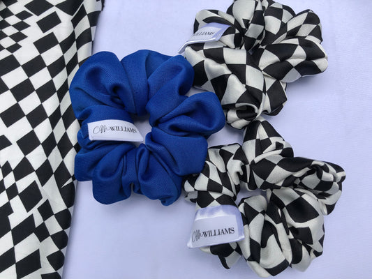 Checkered and Blue Scrunchie Set