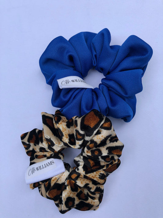 Velvet Leopard Print & Blue Scrunchie Set