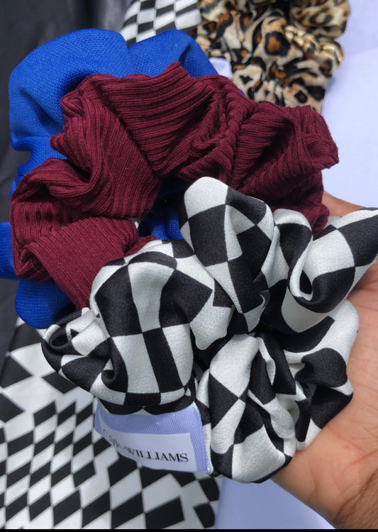 Checkered print, Blue & Burgundy Scrunchies Set