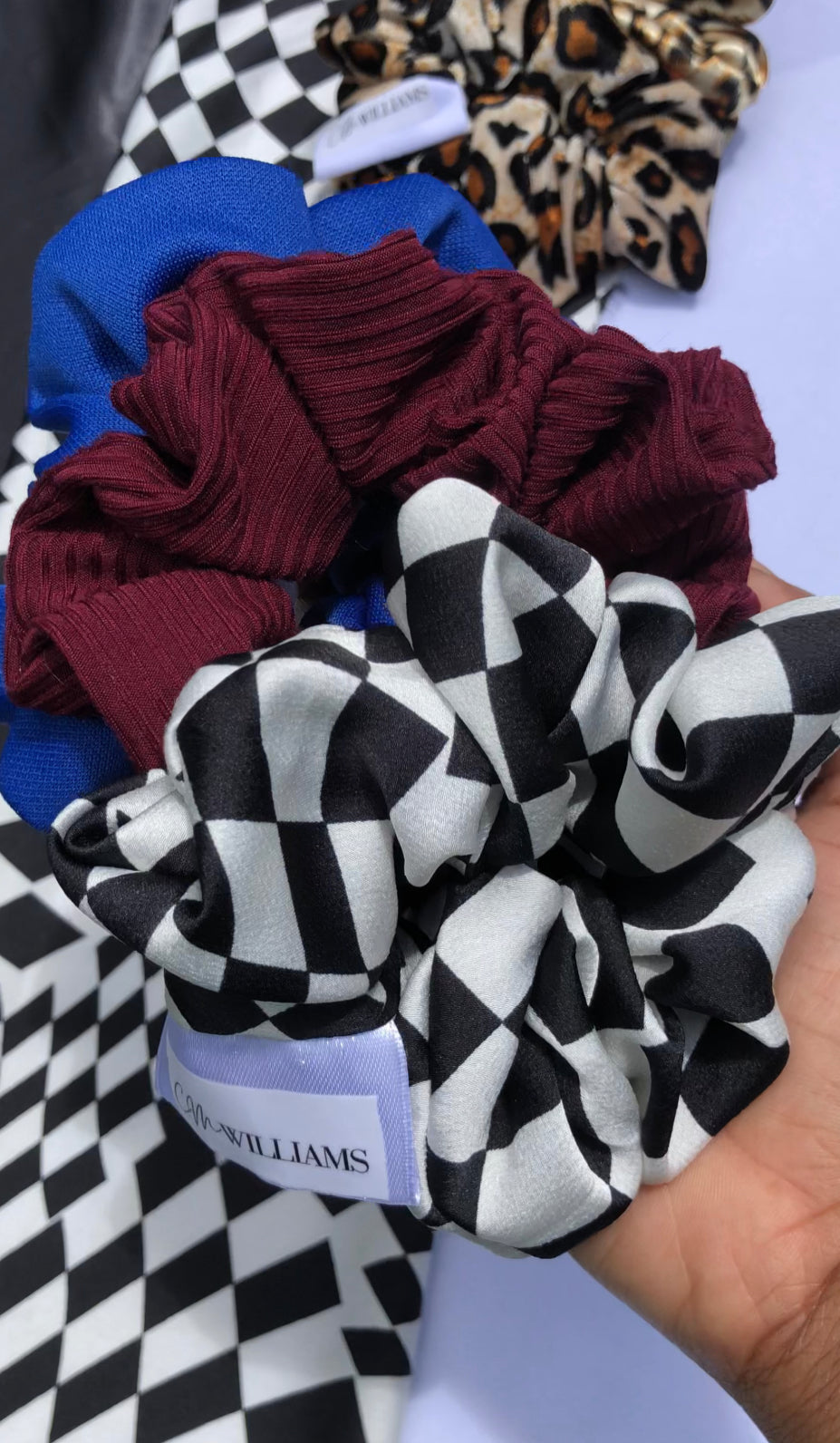 Checkered print, Blue & Burgundy Scrunchies Set