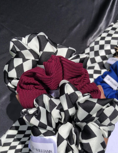 Checkered & Burgundy Scrunchies Set