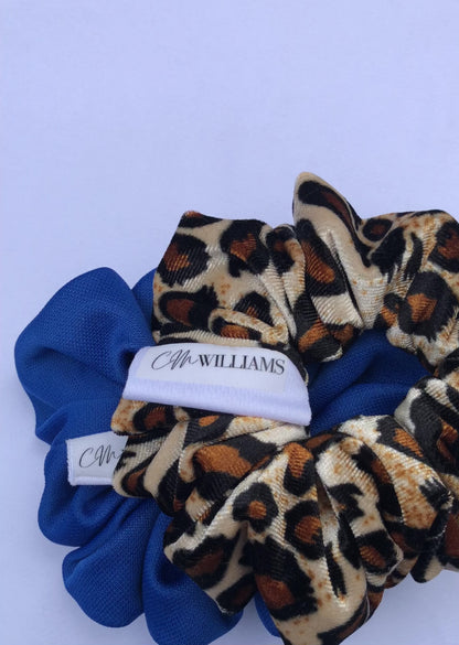 Velvet Leopard Print & Blue Scrunchie Set